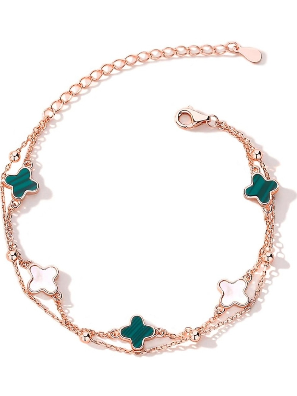 Rose Gold Double Strand Clover Stainless 925 Plate Bracelet In Green/White 🍀